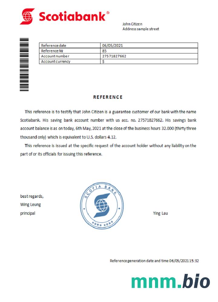 Przykład odniesienia banku Hong Kong Scotia w formatach Word i PDF